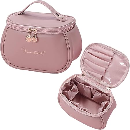 Makeup Organiser for Women & Girls, Travel Makeup Bag, Leather Makeup Bag, Cosmetic Travel Bags, Portable Leather Toiletry Bag, Large Zipper Travel Organiser (Pink - P)
