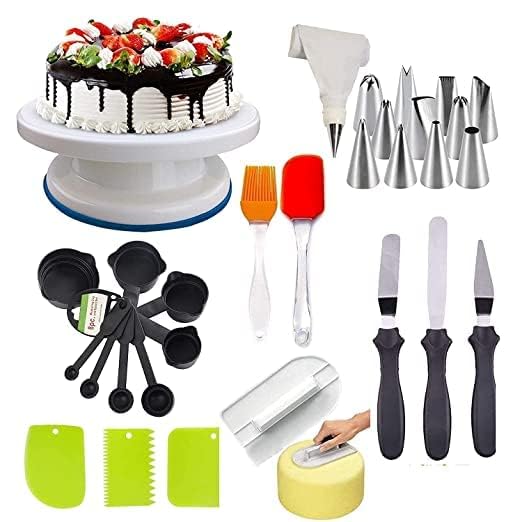 Combo of Cake Making Turn Table and 12 Piece Cake Decorating Nozzle Set and 3-in-1 Multi-Function Stainless Steel Cake Icing Spatula Knife Set and 3 Pieces of Dough Scrapper