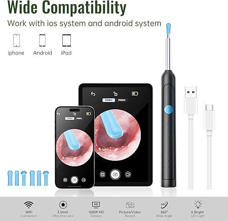 New Ear Cleaner Tool Endoscope Otoscope, Ear Wax Cleaner with 1080p FHD Camera Ear wax remover Tool with Wifi Connection & 6 LED Lights Multi