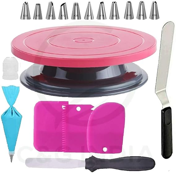 INDIA Cake Making Revolving Turn Table 12 Piece Cake Decorating Nozzles Stainless Steel Spatula 3 Icing Scraper.
