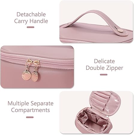 Makeup Organiser for Women & Girls, Travel Makeup Bag, Leather Makeup Bag, Cosmetic Travel Bags, Portable Leather Toiletry Bag, Large Zipper Travel Organiser (Pink - P)