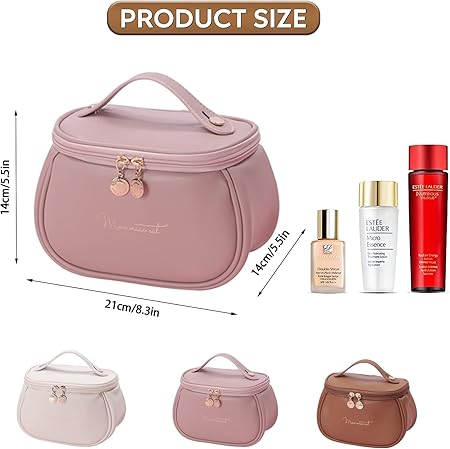 Makeup Organiser for Women & Girls, Travel Makeup Bag, Leather Makeup Bag, Cosmetic Travel Bags, Portable Leather Toiletry Bag, Large Zipper Travel Organiser (Pink - P)