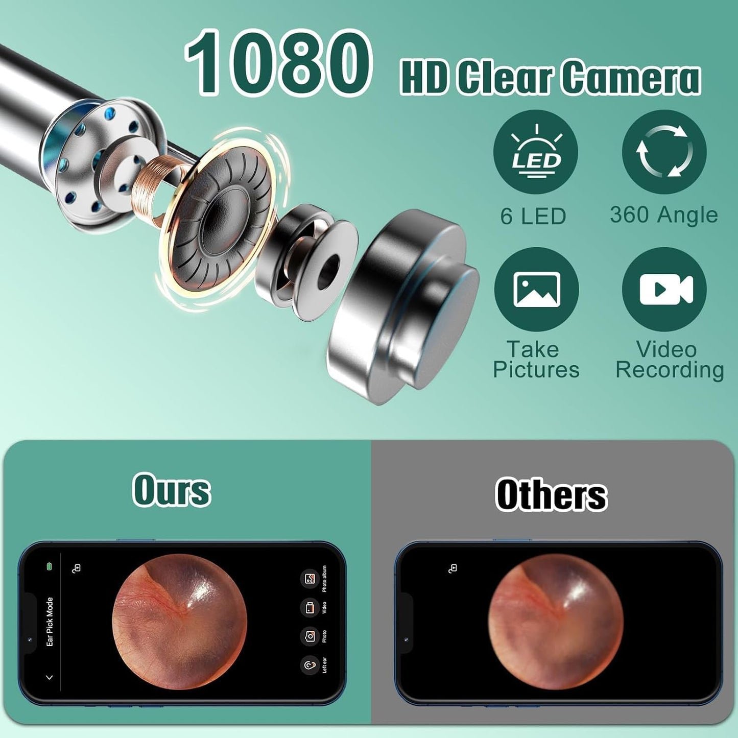 New Ear Cleaner Tool Endoscope Otoscope, Ear Wax Cleaner with 1080p FHD Camera Ear wax remover Tool with Wifi Connection & 6 LED Lights Multi