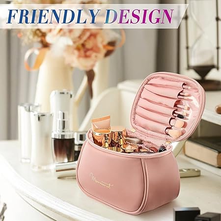 Makeup Organiser for Women & Girls, Travel Makeup Bag, Leather Makeup Bag, Cosmetic Travel Bags, Portable Leather Toiletry Bag, Large Zipper Travel Organiser (Pink - P)